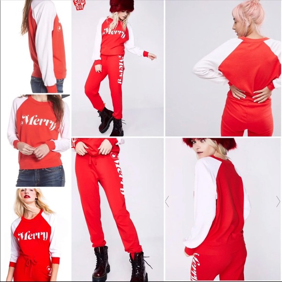 🦊 Wildfox MERRY Jogger Two Pc Set Red & White - Picture 6 of 8